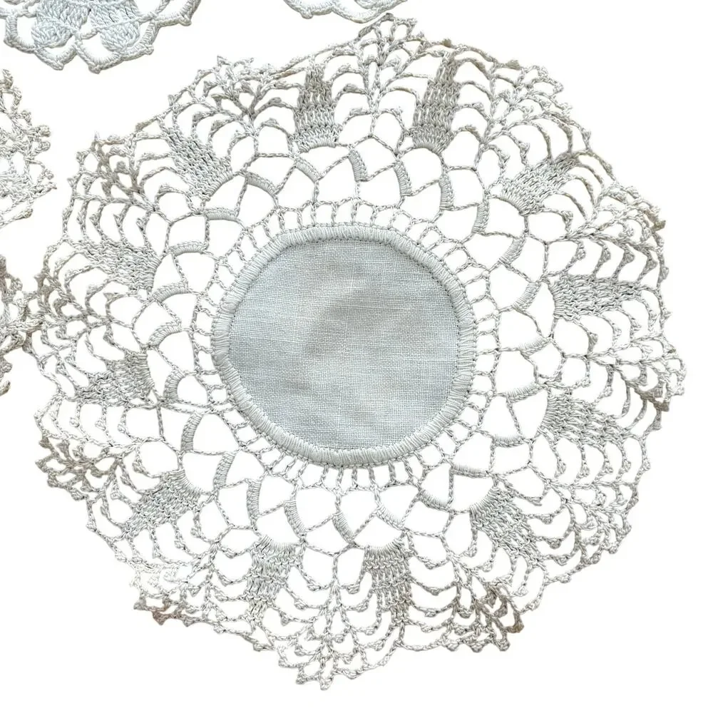 Vintage lot of handmade crochet lace trimmed doilies creamy white 4 pcs variety